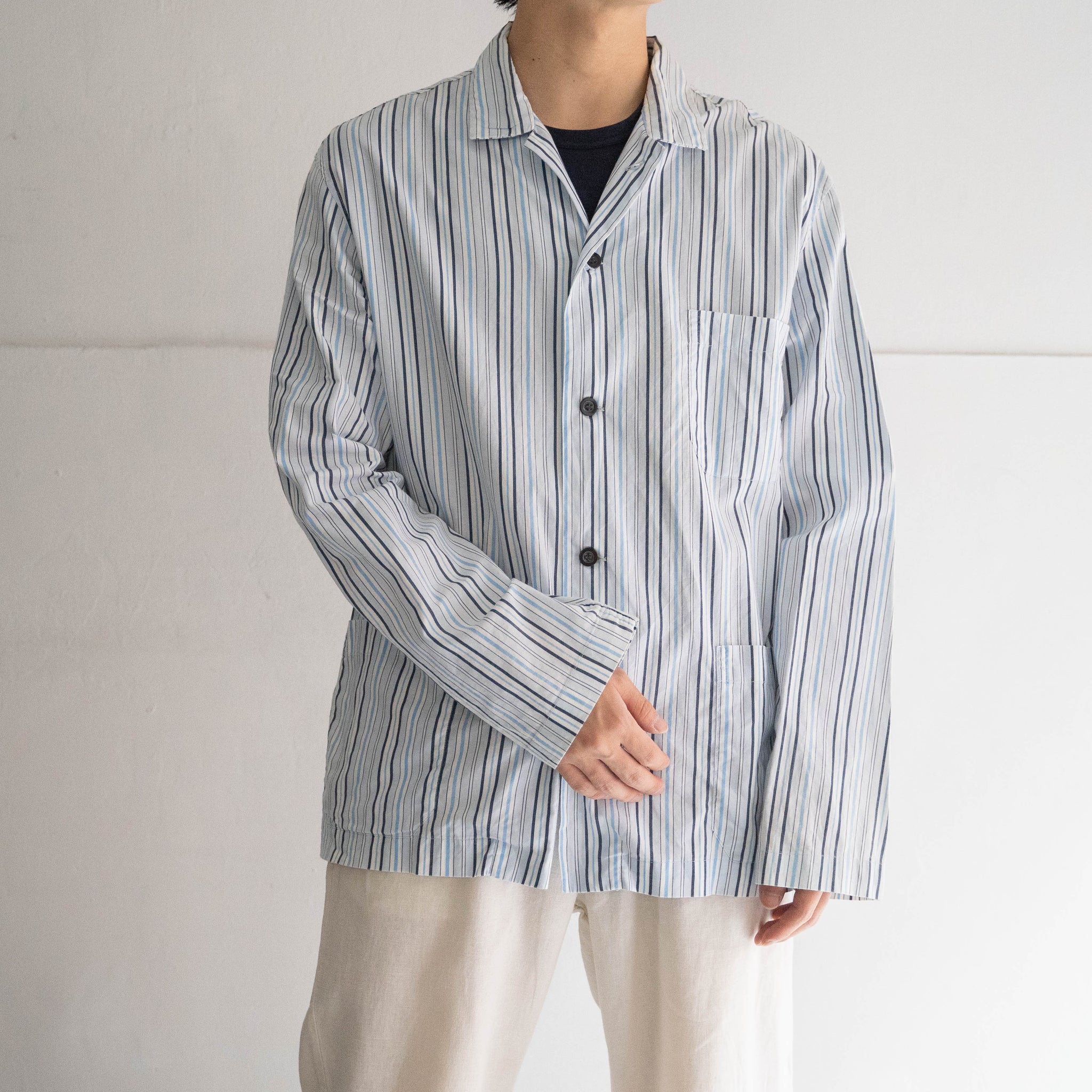 around 1990s blue based cotton multi stripe pajama shirt