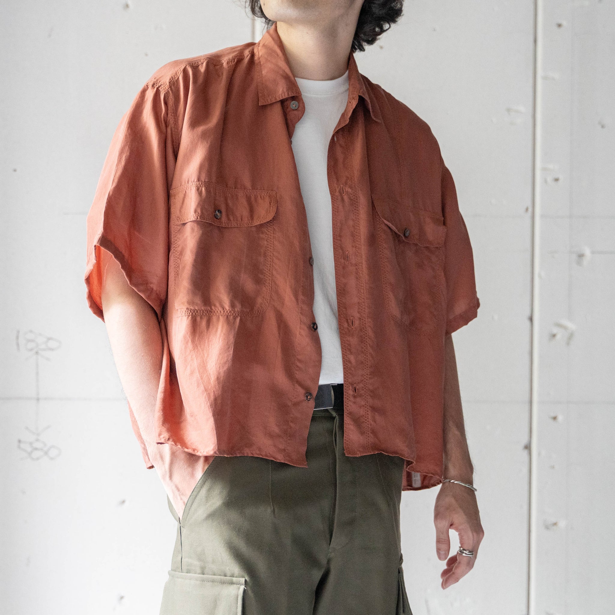 around 1990s terracotta color all silk short sleeve shirt -remake-