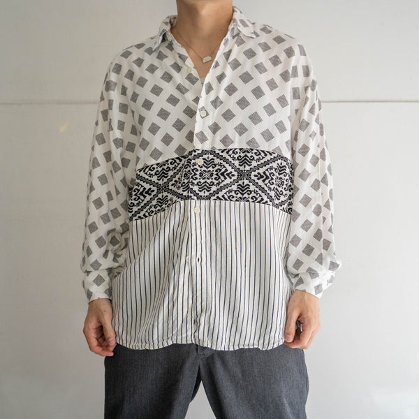 1990s white based switching design l/s shirt