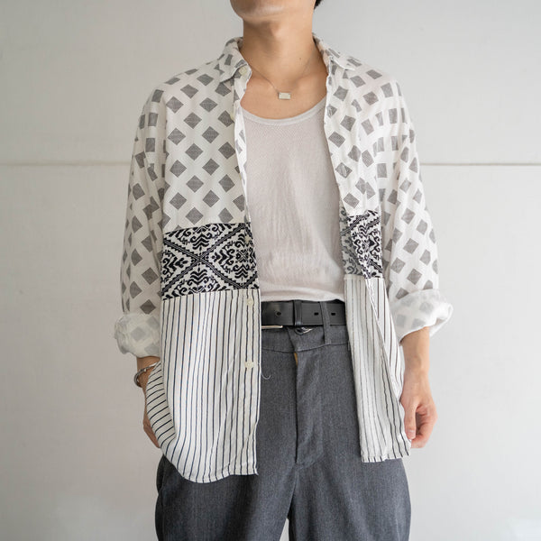 1990s white based switching design l/s shirt
