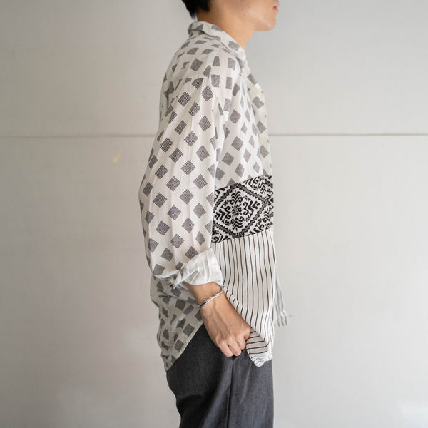 1990s white based switching design l/s shirt
