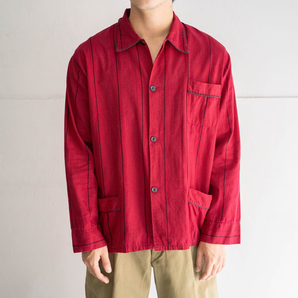 around 1990s Europe red × black striped cotton pajama shirt　