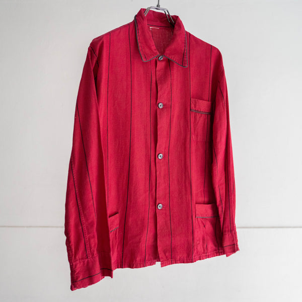 around 1990s Europe red × black striped cotton pajama shirt　