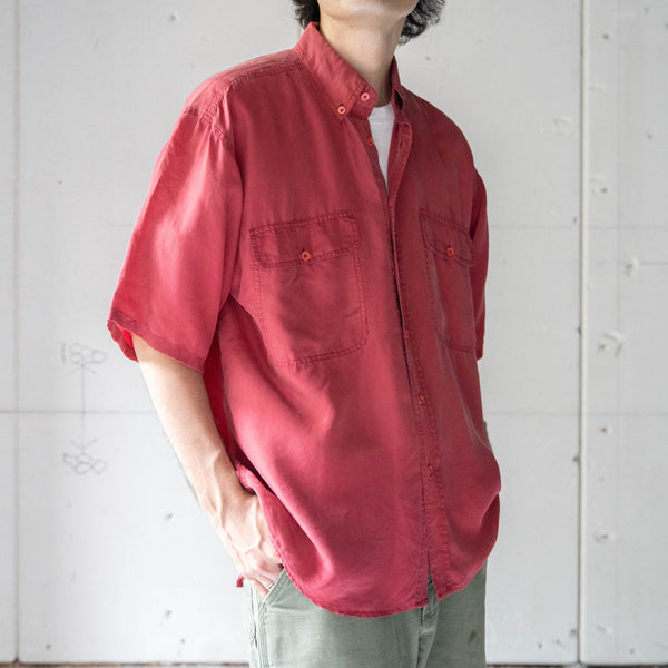 around 1990s wine red color silk short sleeve shirt -remake-