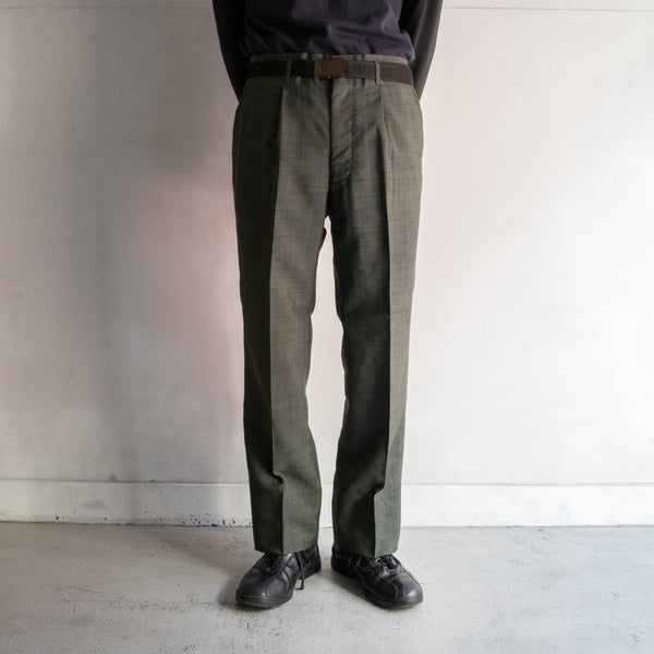 1970s Japan vintage dark green wool check slacks -light weight-