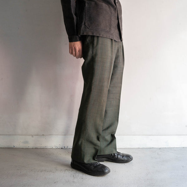 1970s Japan vintage dark green wool check slacks -light weight-