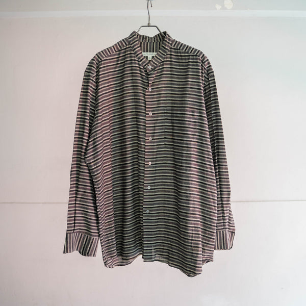 1990-00s gray based multi stripe stand collar shirt