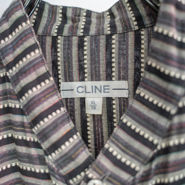 1990-00s gray based multi stripe stand collar shirt