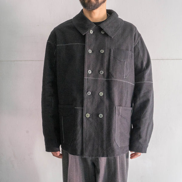 "Euro vintage remake" cotton twill double breasted work jacket -black dyed- 'inside out'