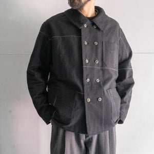 "Euro vintage remake" cotton twill double breasted work jacket -black dyed- 'inside out'