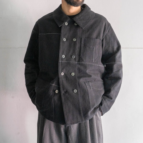 "Euro vintage remake" cotton twill double breasted work jacket -black dyed- 'inside out'