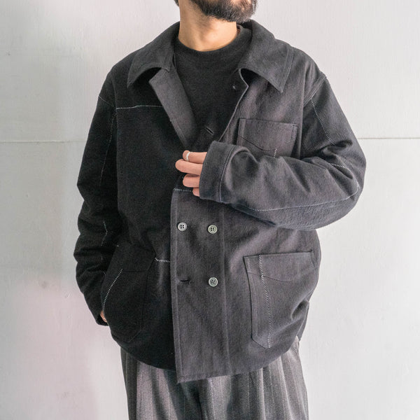 "Euro vintage remake" cotton twill double breasted work jacket -black dyed- 'inside out'