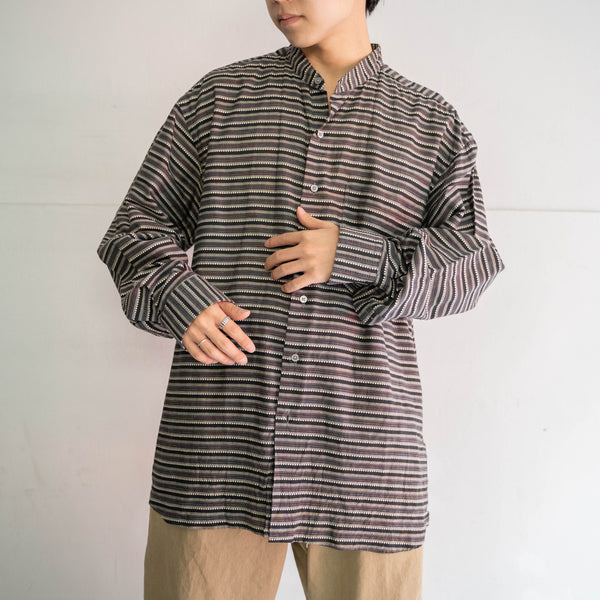 1990-00s gray based multi stripe stand collar shirt