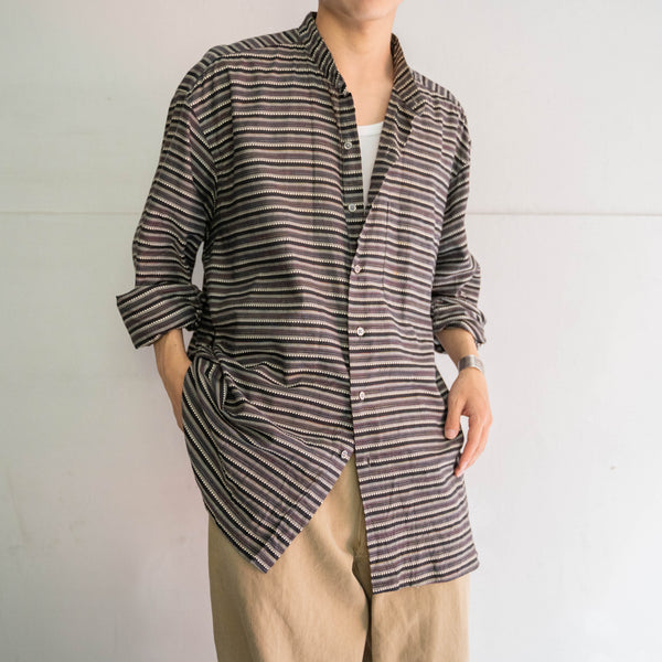 1990-00s gray based multi stripe stand collar shirt