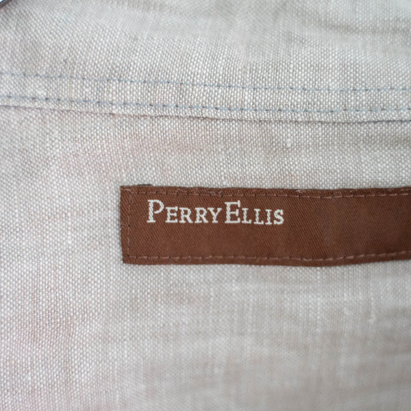 2000s PERRY ELLIS light gray all linen short sleeve shirt 'remake'