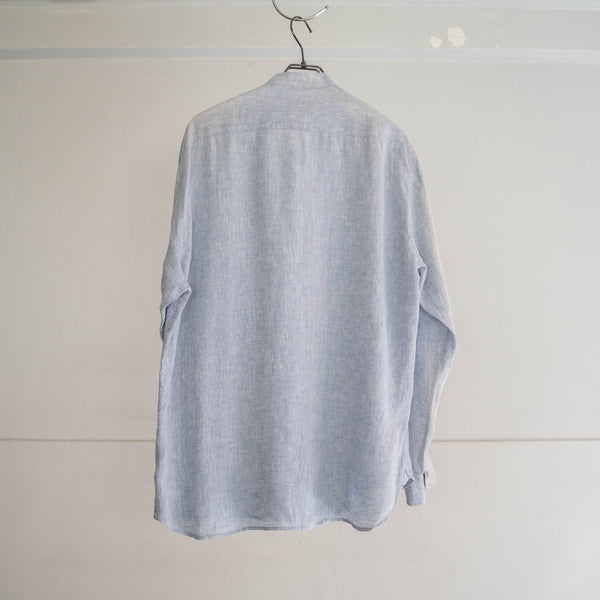 1990s light blue linen 100 stand collar shirt -fade-