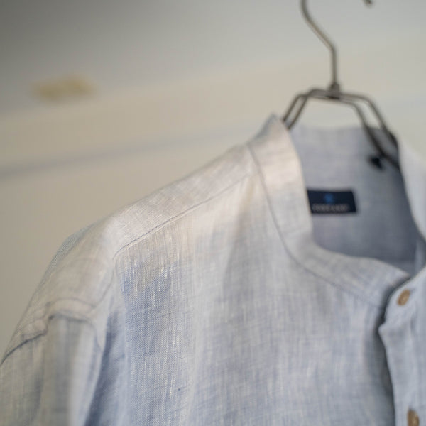 1990s light blue linen 100 stand collar shirt -fade-