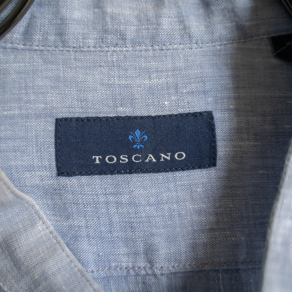 1990s light blue linen 100 stand collar shirt -fade-