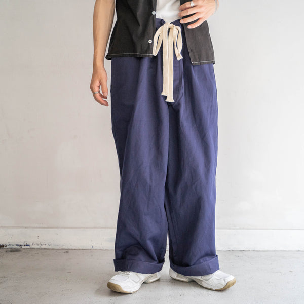 1970-80s Italian military navy color wide pants 'dead stock' -waist & hem remake-