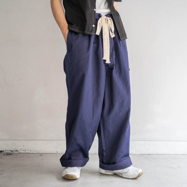 1970-80s Italian military navy color wide pants 'dead stock' -waist & hem remake-