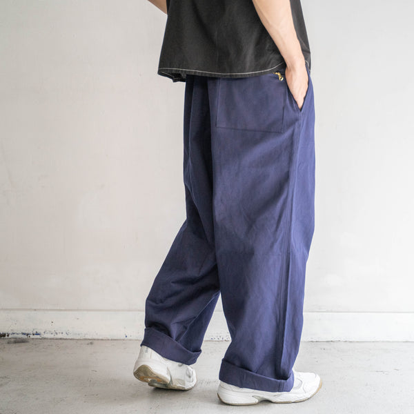1970-80s Italian military navy color wide pants 'dead stock' -waist & hem remake-