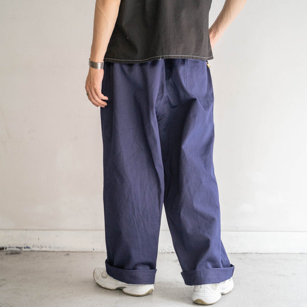 1970-80s Italian military navy color wide pants 'dead stock' -waist & hem remake-