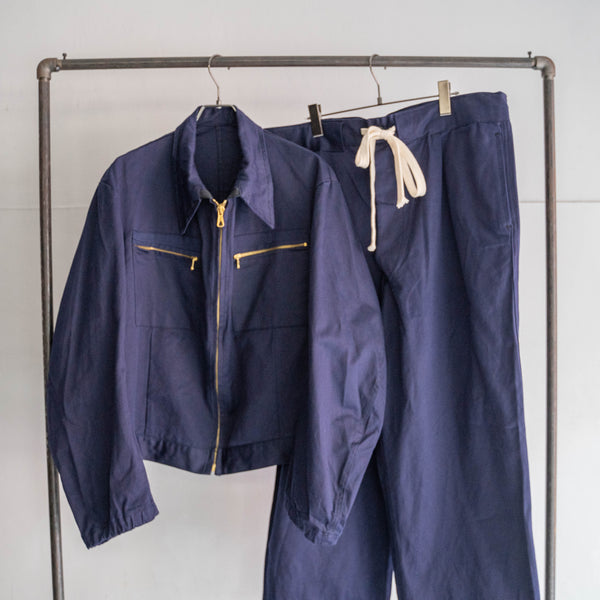 1970-80s Italian military navy color wide pants 'dead stock' -waist & hem remake-