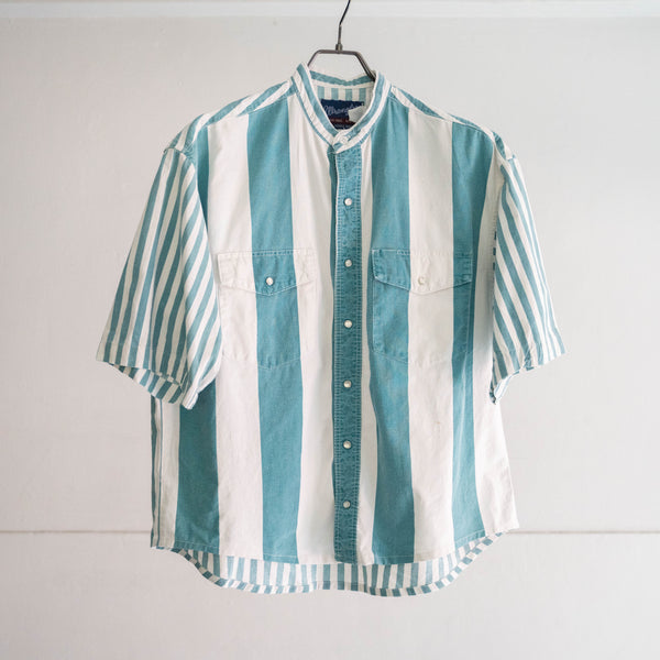 1980s 'Wrangler' turquoise green × white stripe shirt -remake-