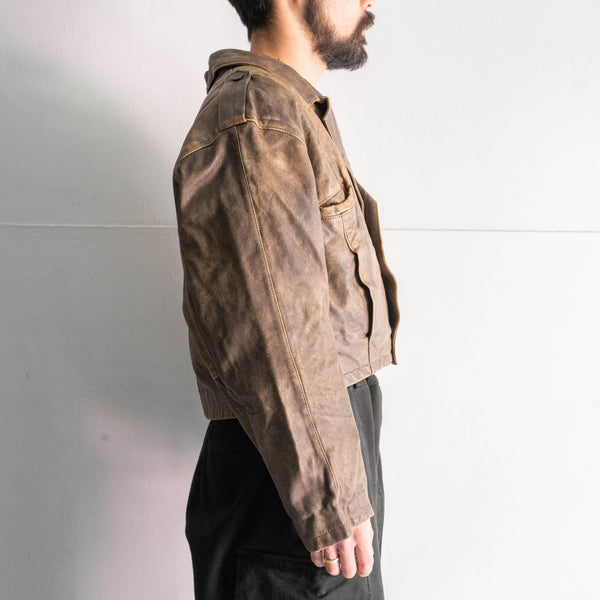 around1980s super short length brown leather jacket -good fade-