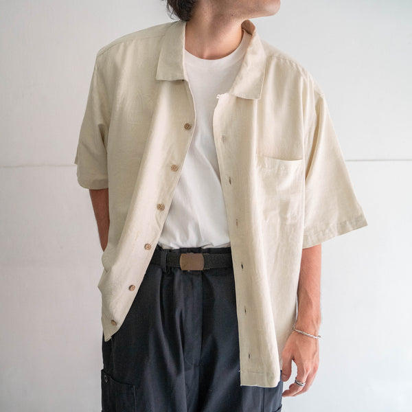 1990s beige color botanical design short sleeve silk shirt -remake-