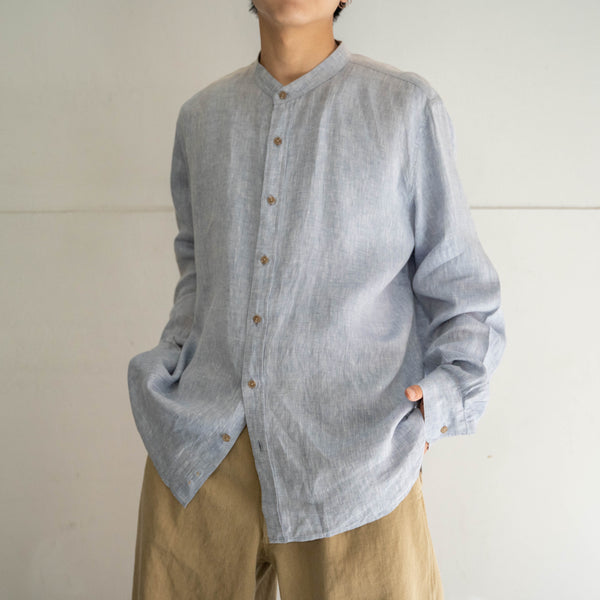 1990s light blue linen 100 stand collar shirt -fade-
