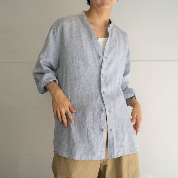1990s light blue linen 100 stand collar shirt -fade-