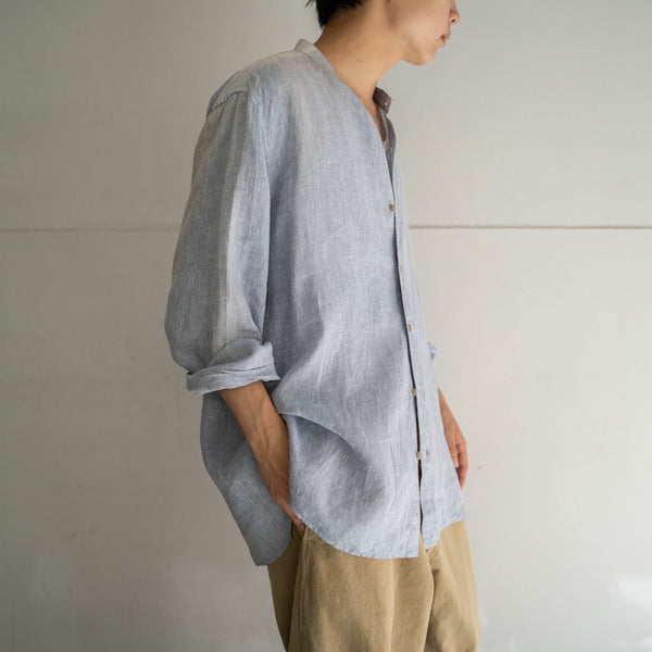 1990s light blue linen 100 stand collar shirt -fade-