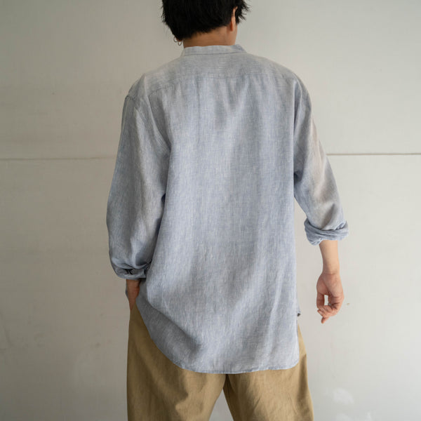 1990s light blue linen 100 stand collar shirt -fade-