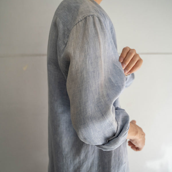 1990s light blue linen 100 stand collar shirt -fade-