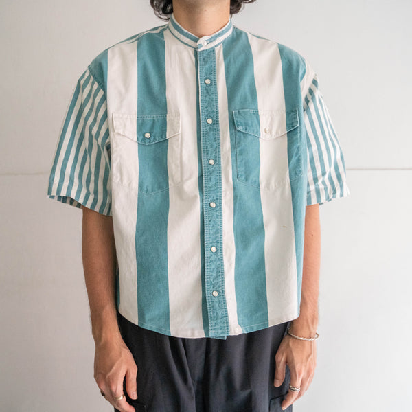 1980s 'Wrangler' turquoise green × white stripe shirt -remake-