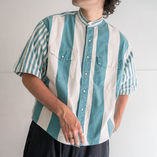 1980s 'Wrangler' turquoise green × white stripe shirt -remake-