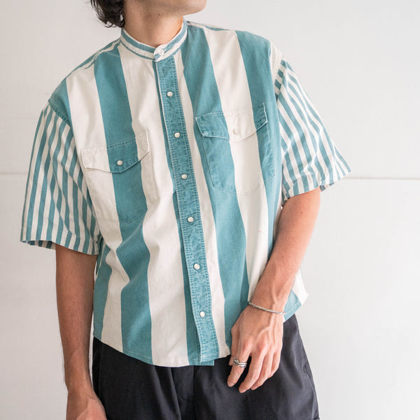 1980s 'Wrangler' turquoise green × white stripe shirt -remake-