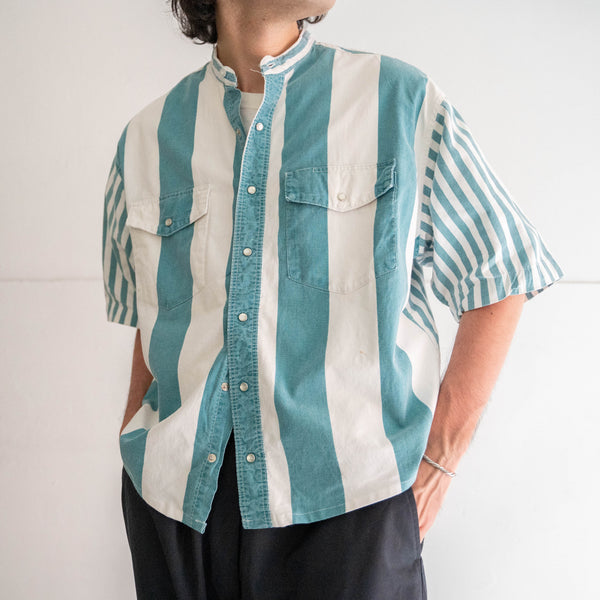 1980s 'Wrangler' turquoise green × white stripe shirt -remake-