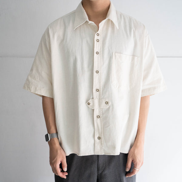 1990-00s Germany ecru color cotton linen tyrolean short sleeve shirt 'remake'