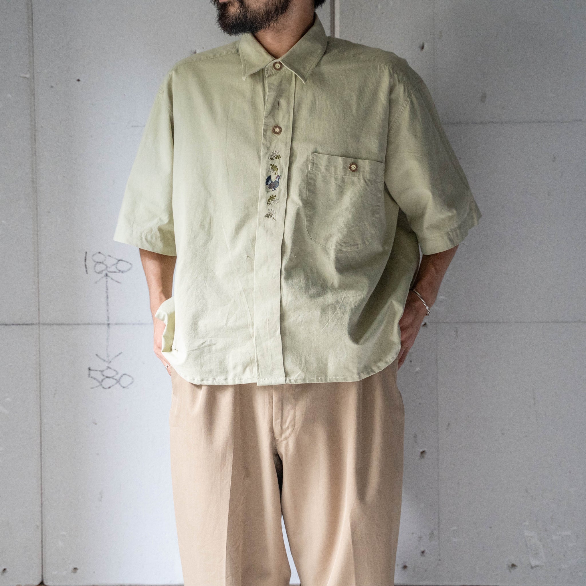 1990s light green color cotton short sleeve tyrolean shirt 'remake'　