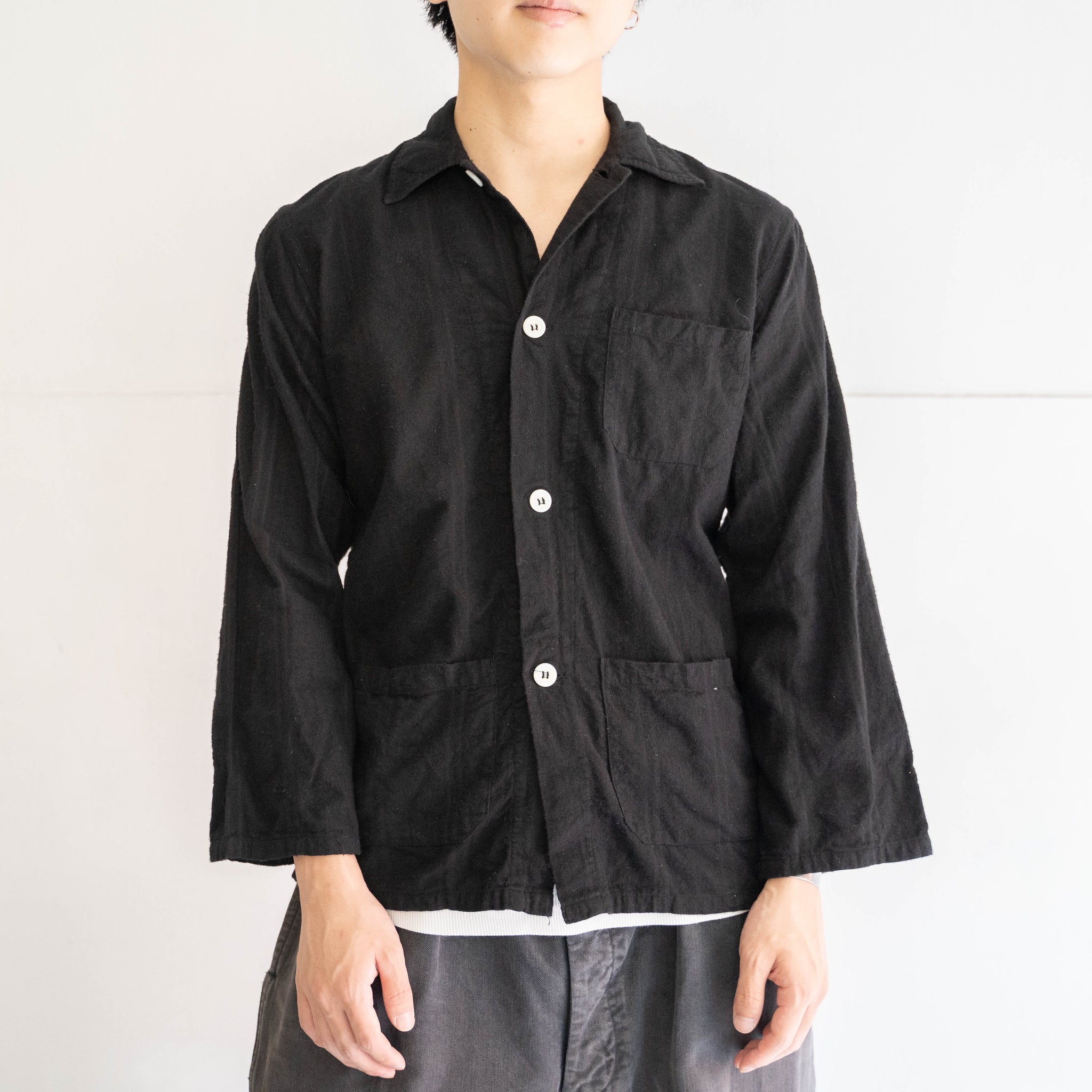 around 1980s Europe cotton flannel stripe pattern pajamas shirt ’black dyed'