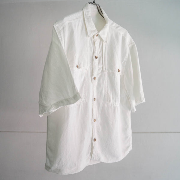 1990s white color rayon × linen short sleeve shirt 'remake' -mesh fabric switching-