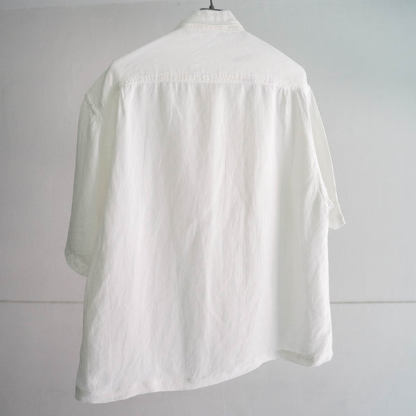 1990s white color rayon × linen short sleeve shirt 'remake' -mesh fabric switching-