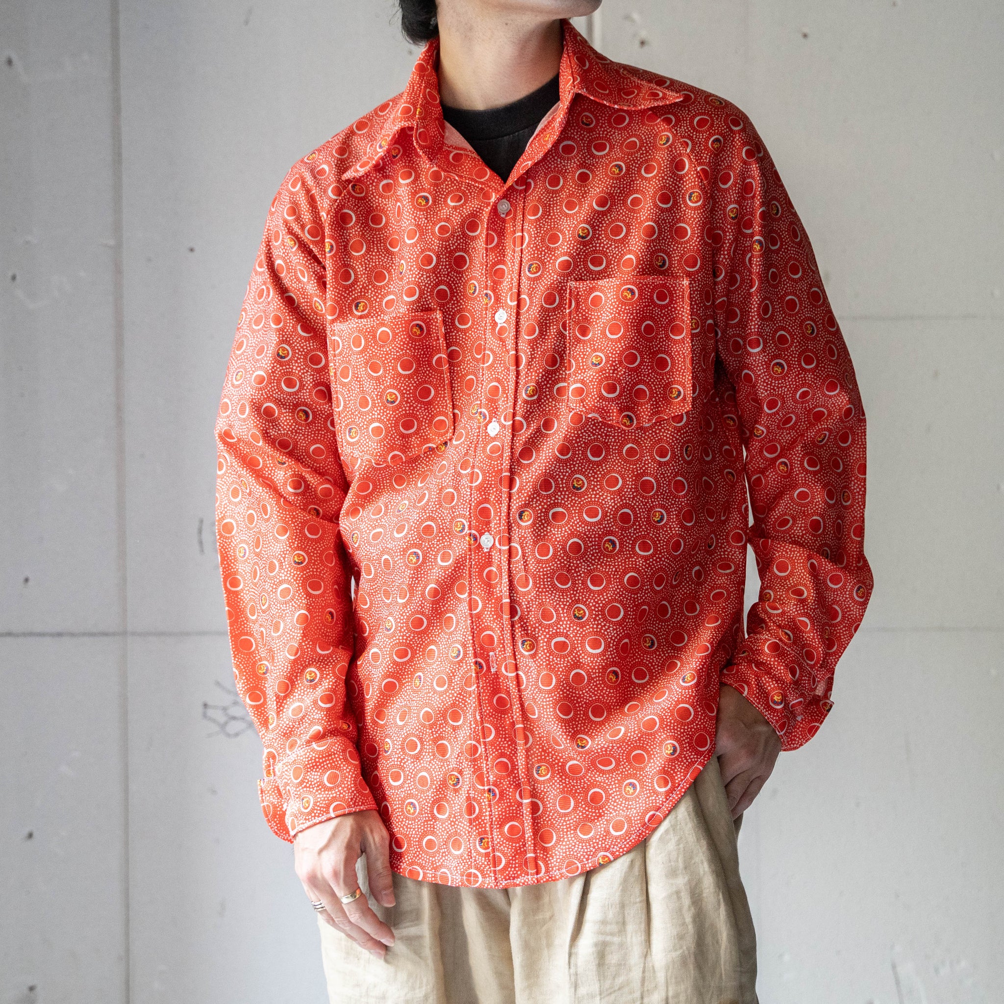 around 1990s vermilion color all over pattern open collar shirt