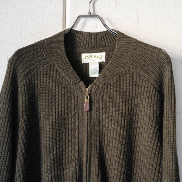 around 1990s 'ORVIS' moss green color zip up knit cardigan