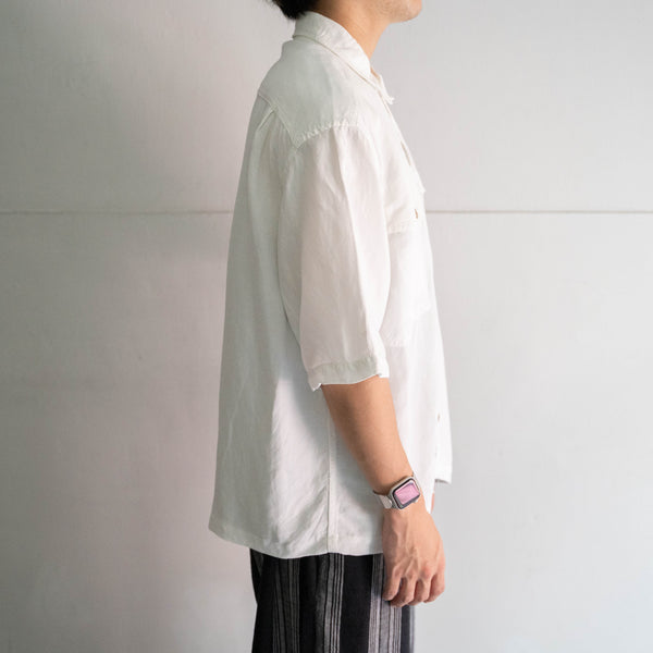 1990s white color rayon × linen short sleeve shirt 'remake' -mesh fabric switching-