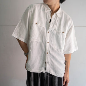 1990s white color rayon × linen short sleeve shirt 'remake' -mesh fabric switching-