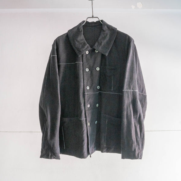 "Euro vintage remake" cotton twill double breasted work jacket -black dyed- 'inside out'