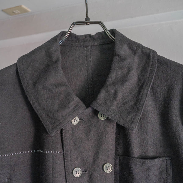 "Euro vintage remake" cotton twill double breasted work jacket -black dyed- 'inside out'